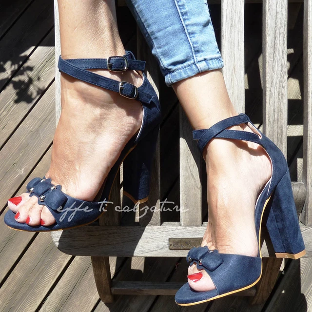 Scarpe Donna Sandali Alti Tacco Largo Plateau Cinturini Caviglia Nude Look - Blu
