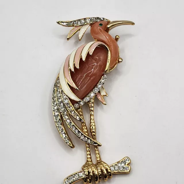 Vintage Hattie Carnegie Brooch Unsigned  Heron Bird Pink Gold Tone