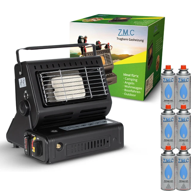2in1 Tragbare Gasheizung Camping Butan Gas Kocher Keramik +6 Gaskartuschen 1,3KW