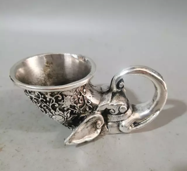 4.7″ Collect old tibet silver copper carved auspicious elephant head statue cup