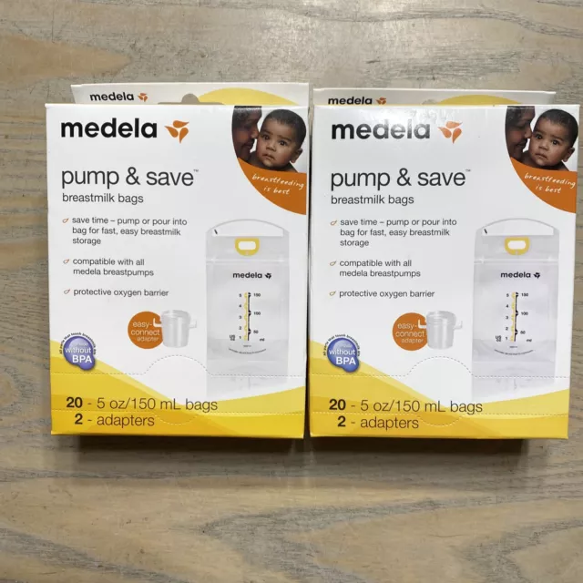 NEW Lot Of 2 Boxes of Medela Pump & Save Breastmilk Bags 20 Count & 2 Adapters