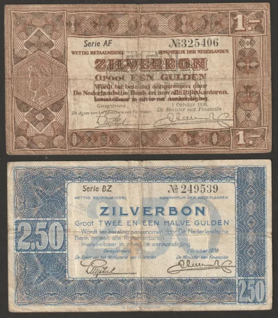 Netherlands 1 & 2 1/2 Gulden P-61 & P-62 (1938) "F"