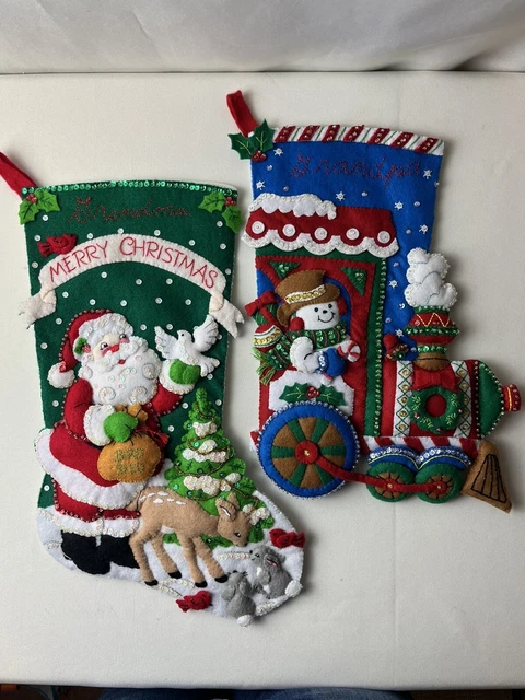 Finished/Completed Bucilla Felt Applique Christmas Stockings Snowman Train Santa
