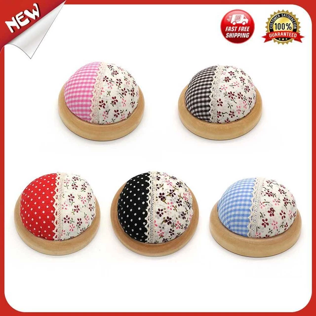 es Fabric Splicing Round Pin Cushion with Wooden Base Needle Storage Holder Tool