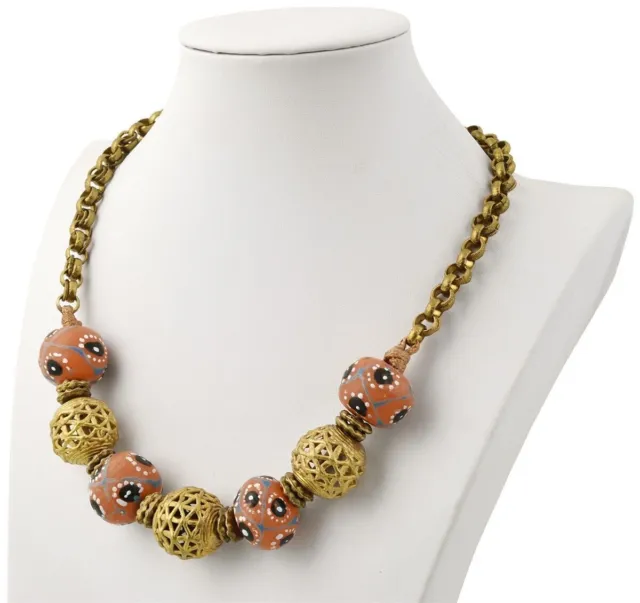 Handmade necklace brass recycled glass beads Krobo Ghana Ashanti African jewelry 2