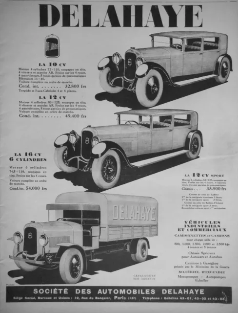 Publicité 1927 Société Des Automobiles Delahaye La 10 Cv 12 Et 16 Cv 6 Cylindres