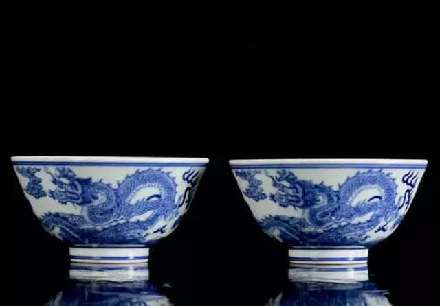 Pair Yongzheng Signed Old Chinese Blue & White Porcelain Cups w/ dragon N30