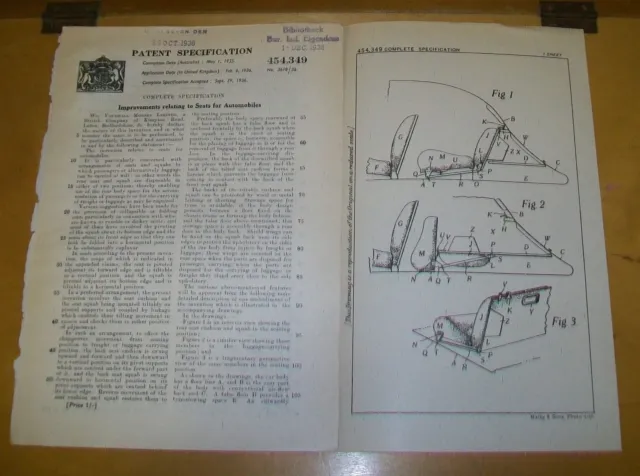 Automobile Seats Patent. Vauxhall Motors, Luton. 1936