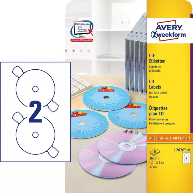 AVERY Zweckform L7676-25 selbstklebende CD-Etiketten (50 blickdichte CD-Aufklebe