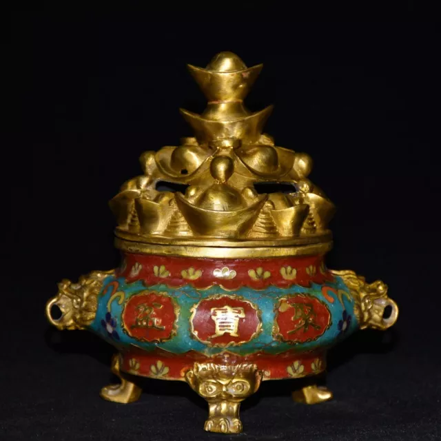 Old China Qing Dynasty Gilded Copper Cloisonne Enamel ingot Incense Burner