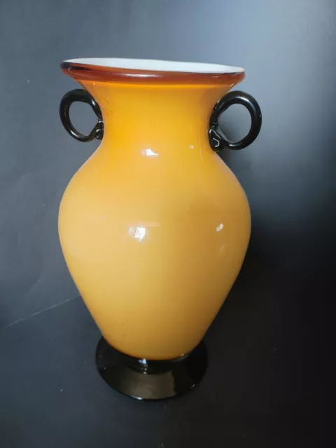 Vintage Yellow VENINI Murano Cased Art Glass vase with Applied black handles