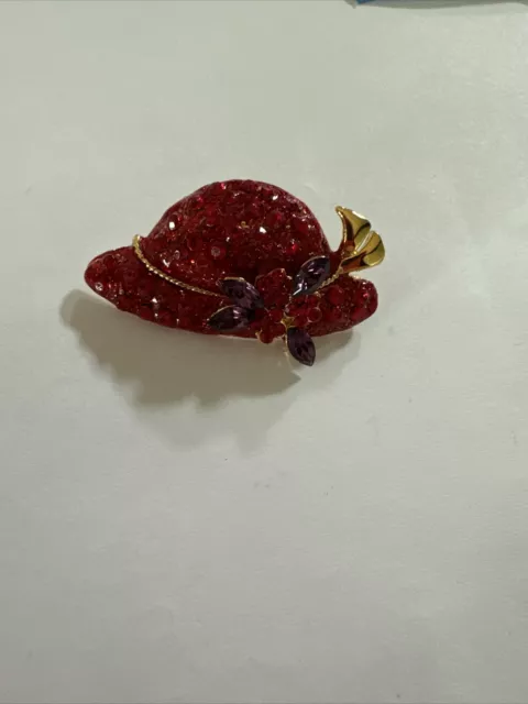 Brooch Pin  Gold Tone Red Purple Rhinestone Hat Bow Flowers Red Hat Society