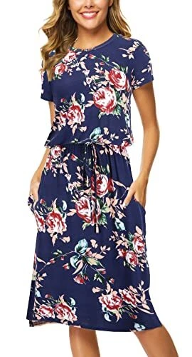 Simier Fariry Womens Summer Short Sleeve Pockets Modest Work Casual Midi Dress