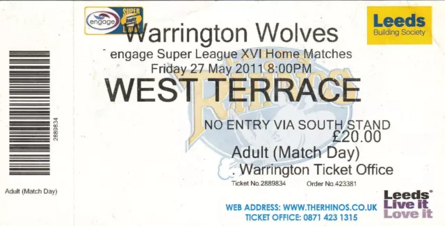 Ticket - Leeds Rhinos v Warrington Wolves 27.05.2011