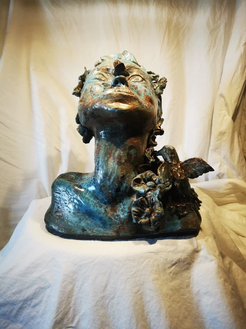 grande scultura Raku testa busto, donna. unico nel suo genere