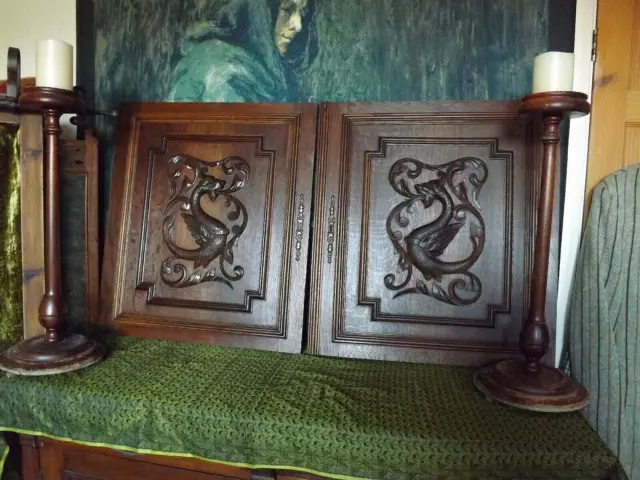 Pair of Antique large carved deep relief oak dragon panels acanthus 25.5"/22.5"