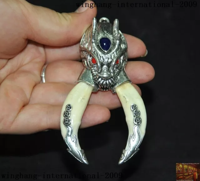 China Chinese Tibetan silver Inlay gem beast head statue Exorcism amulet Pendant