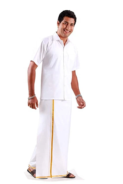 Adt Saral Men's Cotton Dhoti with Border Yellow Free Size