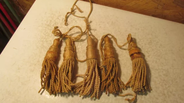 5 Antique Picture Molding Hooks Satin Tassels - Gold