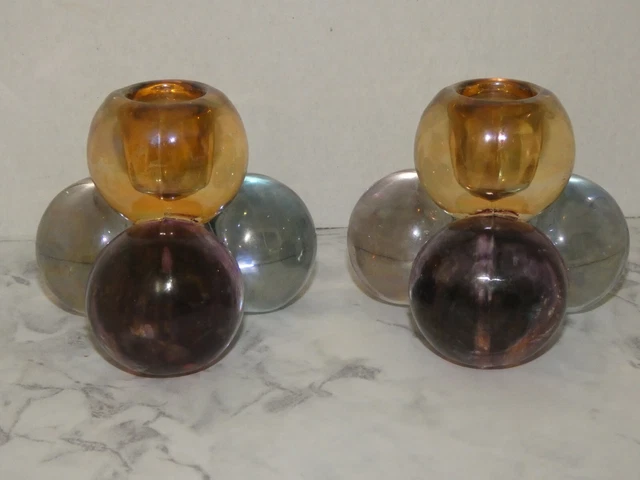 2 Vintage Westmoreland Glass Stacked Ball Taper Candle Holder Pair w/Stickers