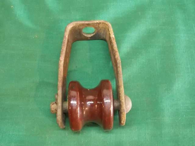 Vtg ceramic porcelain brown roller insulator spool w/ steel metal bracket. Lot B