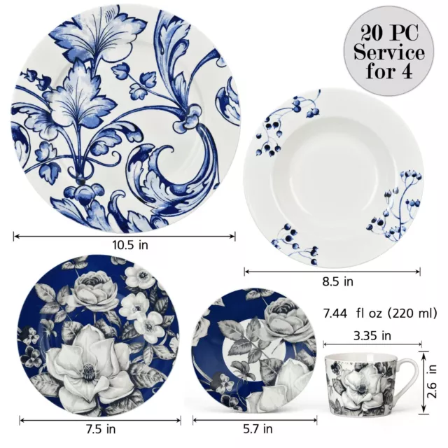 20 pc Azur de Limoges Bone China Dinner Tea Set Porcelain Dinnerware Blue Plates 2