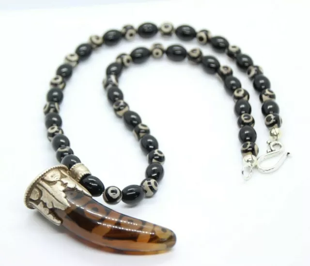 Tibetan Antique Horn Agate Pendant & Onyx, Evil Eye Ball Gemstone Necklace 20"