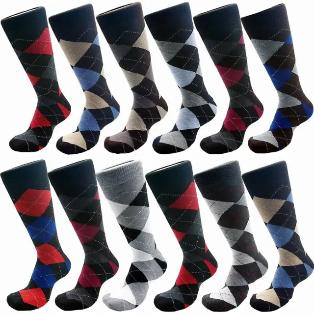 3-12 Pairs For Mens Argyle Dress Socks Mid Calf Multi Color Cotton Size 10-13