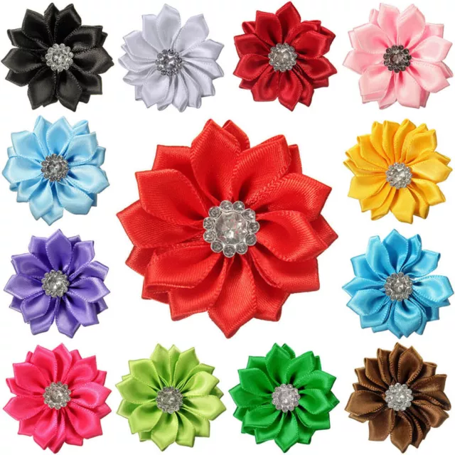 10 Pcs Satin Ribbon Flowers Shiny Rhinestone Appliques DIY Wedding Craft Decor