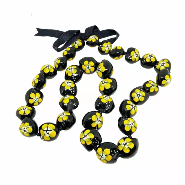 Kukui Nut Lei Hibiscus Yellow Flower Necklace Hawaiian Wedding Luau Graduation