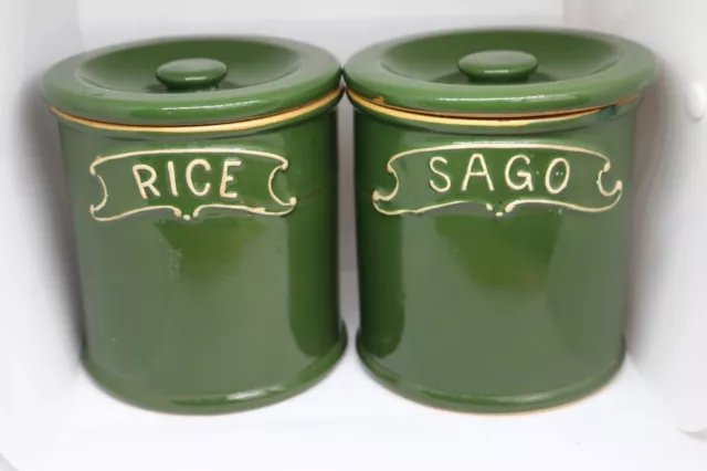 Langley Mill Green tube-lined storage jars - Sago & Rice.