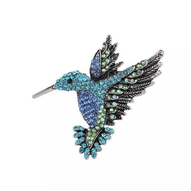 Broche bijou Oiseau Colibri strass cristal bleu et vert en acier.