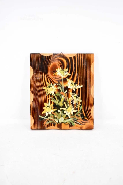 Quadro In Legno Dipinto Fiori Stella Alpina 21x25 Cm
