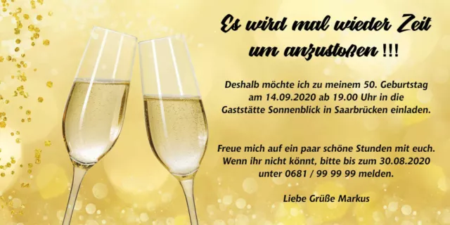 EINLADUNGSKARTEN SEKTGLÄSER 50. Geburtstag mit Wunschtext anstoßen mit