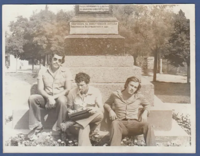 Handsome Guys smoking a cigarette near the monument Soviet Vintage Photo USSR