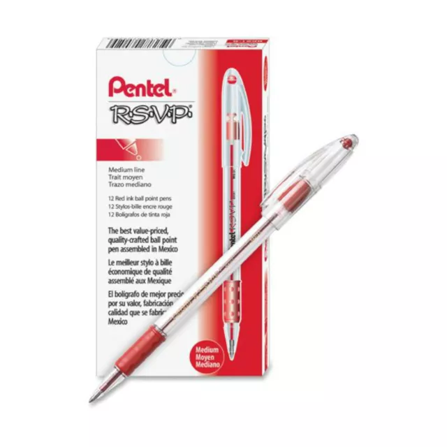 NEW 12-Pack BK90-B Pentel RSVP Ball-Point Stick Pen 0.7mm Fine Tip RED Ink