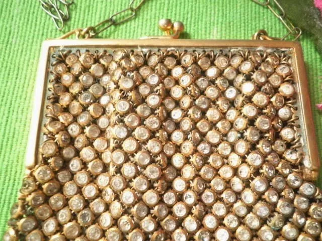 Vintage French Purse Brass Chain Mail Crystals Antique Evening Bag Small France 3