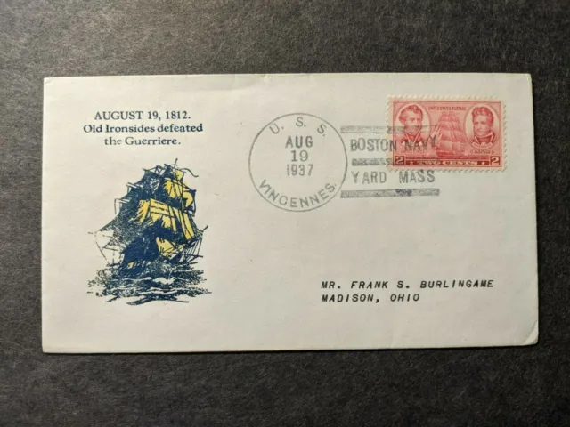 USS VINCENNES CA-44 Naval Cover 1937 HMS GUERRIERE Cachet SUNK WWII