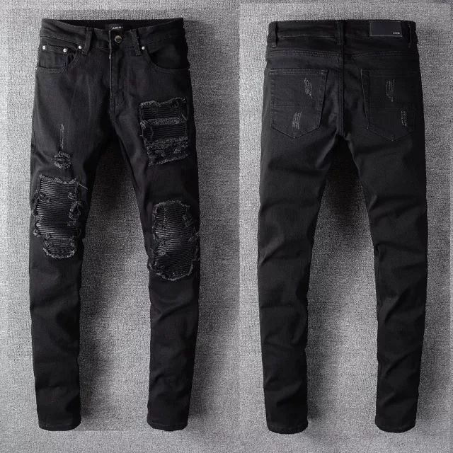 Men's Pleated PU Patchwork Grunge Frayed Skinny fit Stretch Denim Slim Jeans