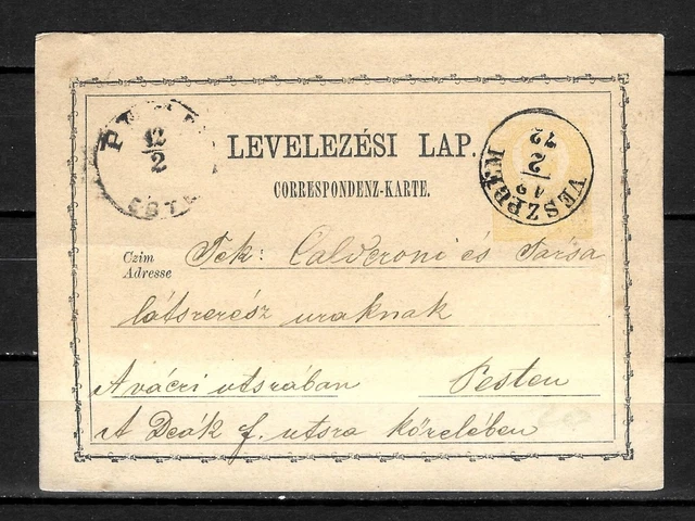 Hungary 2kr stationery 1871 type postcard VESZPREM 12/2/1872 to Pest