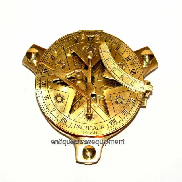 Antiguo vintage marítimo 4" latón estrella náutica reloj de sol brújula...