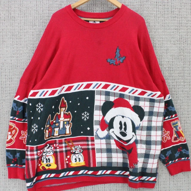 DISNEY CHRISTMAS SWEATER Mens 2XL Red Pullover Mickey Mouse Retro Knit