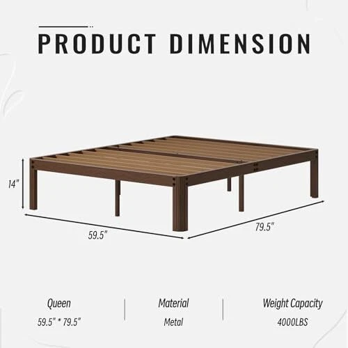 14 INCH BED Frame with RoundCorner Leg, No Box Spring Queen Walnut 14