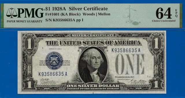1928A $1 Silver Certificate PMG 64EPQ wanted popular blue seal KA Block Fr 1601