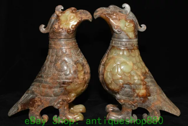 7.8'' Han Dynasty Hetian Jade Phoenix Bird Beast Container Bottle Statue Pair