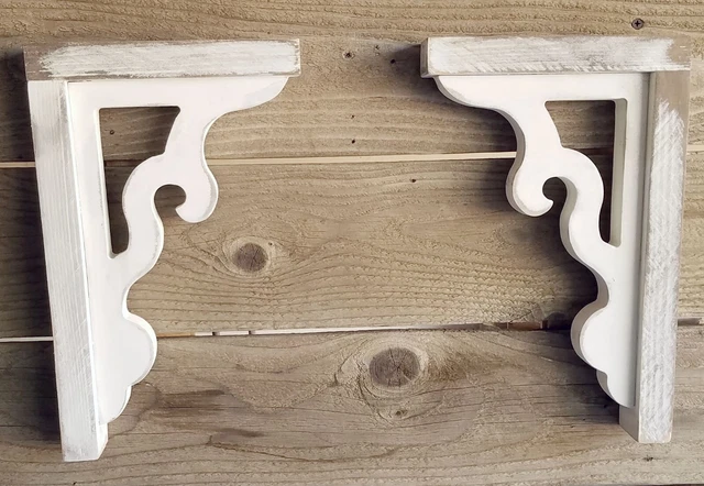 Pair of Distressed White Wood Corbels Shelf Brackets Rustic Farmhouse 036W