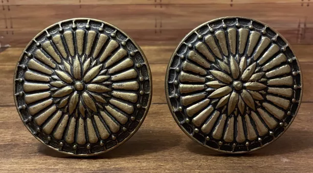 VTG Pair Curtain Tie Backs  Heavy Solid Brass Gold Drapery Holder 3.5” x 4”
