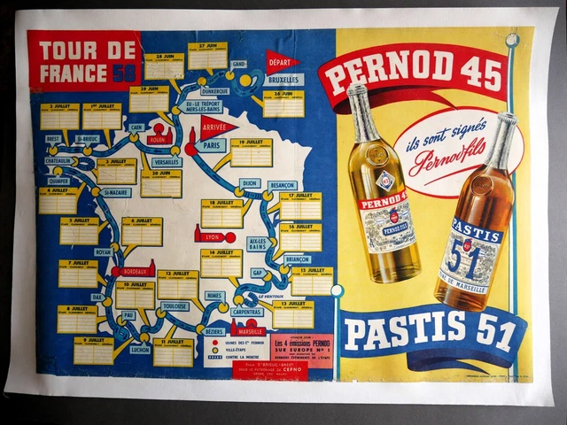 Affiche Vintage Originale Tour De France Pernod 1958 - Cyclisme 22x15 Pouces Certifiée Authentique