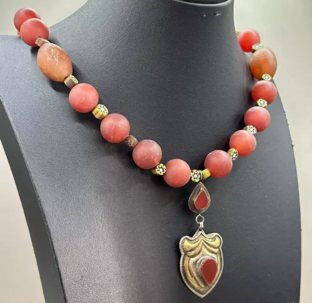 Amazing Unique Rare Ancient Roman agate and glass beads silver necklace 300 BC