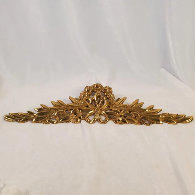 Vintage Solid Brass Wall Art Topper 15” Floral Roses Ribbons Acanthus Swag Decor